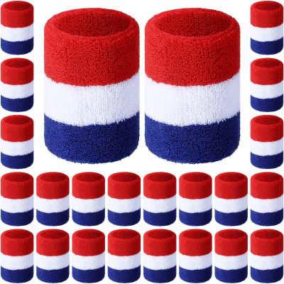 24 Pcs Rainbow Striped Wrist Sweatbands Gay Pride Sweat Wristbands for Men Women Athletic Cotton Terry Cloth Wristband Gym Workout Sports LGBT Pride Parade Supplies(White, Red, Blue) 3.15 x 3.15 Inch