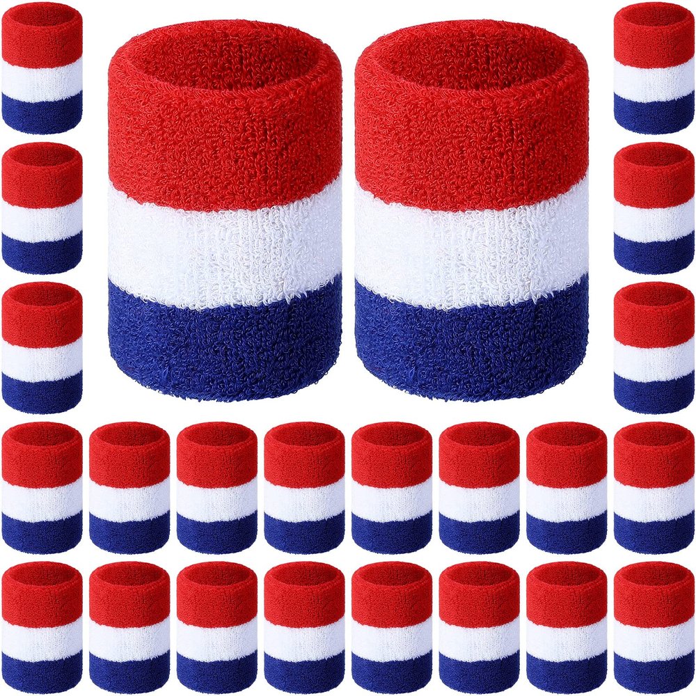 24 Pcs Rainbow Striped Wrist Sweatbands Gay Pride Sweat Wristbands for Men Women Athletic Cotton Terry Cloth Wristband Gym Workout Sports LGBT Pride Parade Supplies(White, Red, Blue) 3.15 x 3.15 Inch