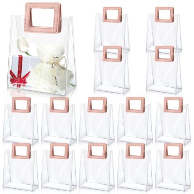 15 Pack Clear Gift Bags with Handles Transparent PVC Gift Bag Heavy Duty Gift Wrap Bags Large Reusable Plastic Bags for Bridal Party Baby Shower Wedding Birthday Shopping Bag (7 x 8 x 4 Inch, Pink)
