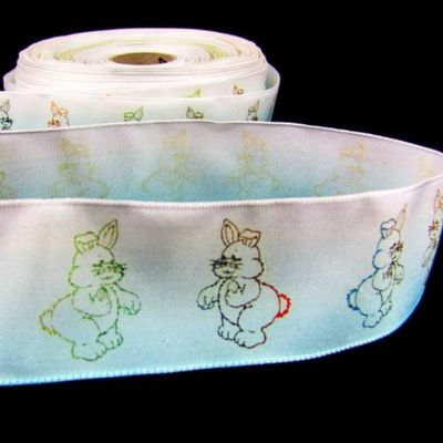 1 Pcs 1 1/2"W Metallic Print Bunnies Pattern Wired Ribbon Blue White 5 Yards, Ribbon for Gift Wrapping | #AA120RK