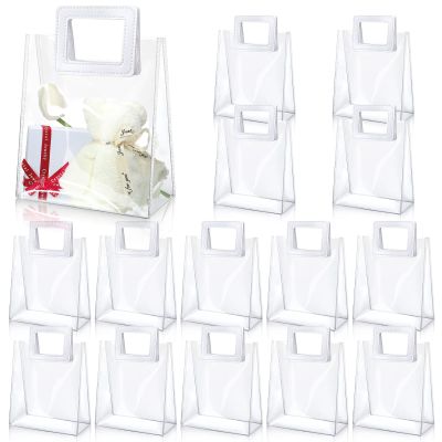 15 Pack Clear Gift Bags with Handles Transparent PVC Gift Bag Heavy Duty Gift Wrap Bags Large Reusable Plastic Bags for Bridal Party Baby Shower Wedding Birthday Shopping Bag (7 x 8 x 4 Inch, White)