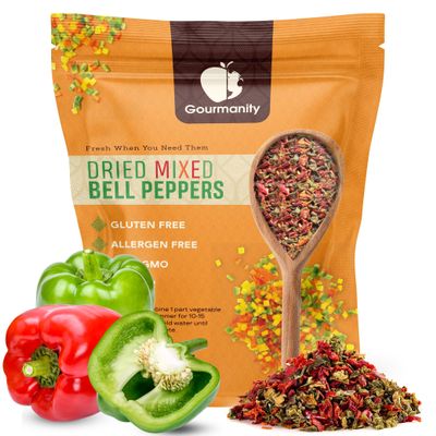Gourmanity Dried Red and Green Bell Peppers Mix, 32oz Flavorful Diced Peppers Fresh and Appetizing, Perfect for Ramen Toppings Soups Stir-Frys and Stews, All Natural, Packed in a Resealable Bag