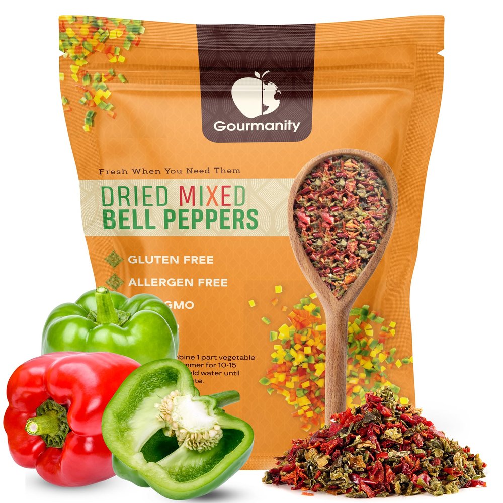 Gourmanity Dried Red and Green Bell Peppers Mix, 32oz Flavorful Diced Peppers Fresh and Appetizing, Perfect for Ramen Toppings Soups Stir-Frys and Stews, All Natural, Packed in a Resealable Bag