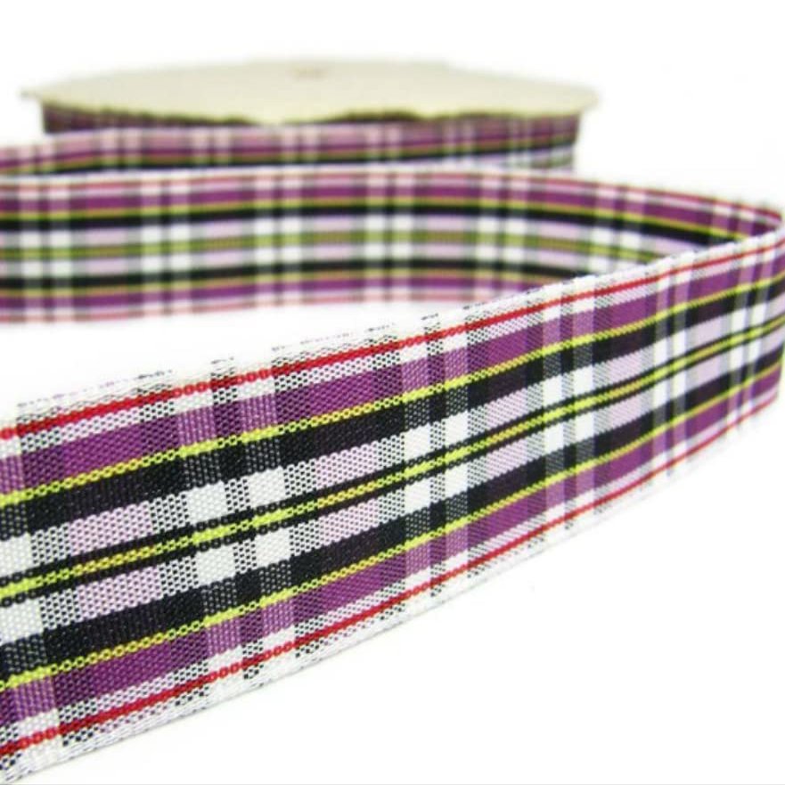 1 Pcs 7/8"W Plaid Ribbon Purple Pink Yellow White 5 Yards, Ribbon for Gift Wrapping | #AA120RK