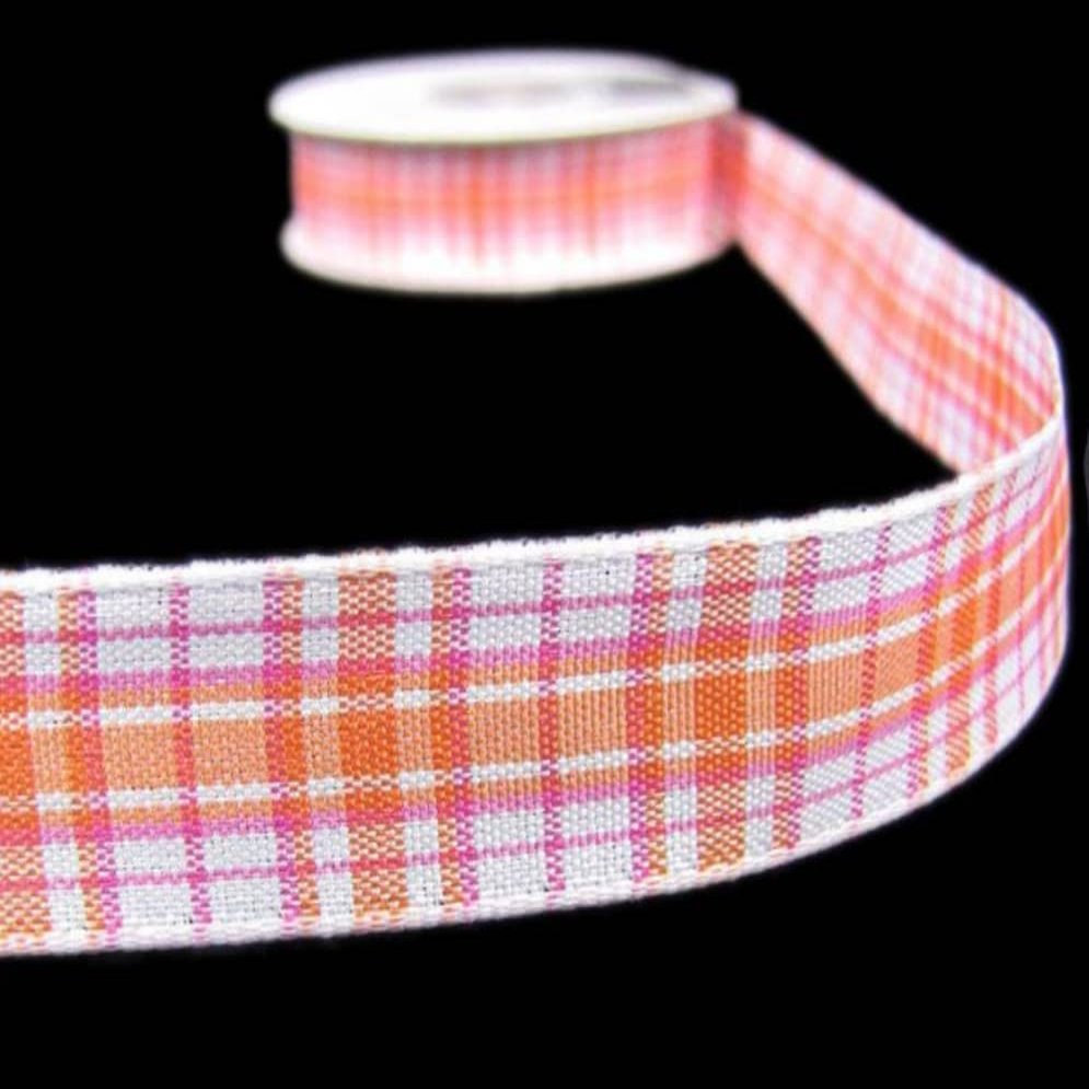 1 Pcs 5/8"W Double Faced Plaid Ribbon Orange Pink White 5 Yards, Ribbon for Gift Wrapping | #AA120RK