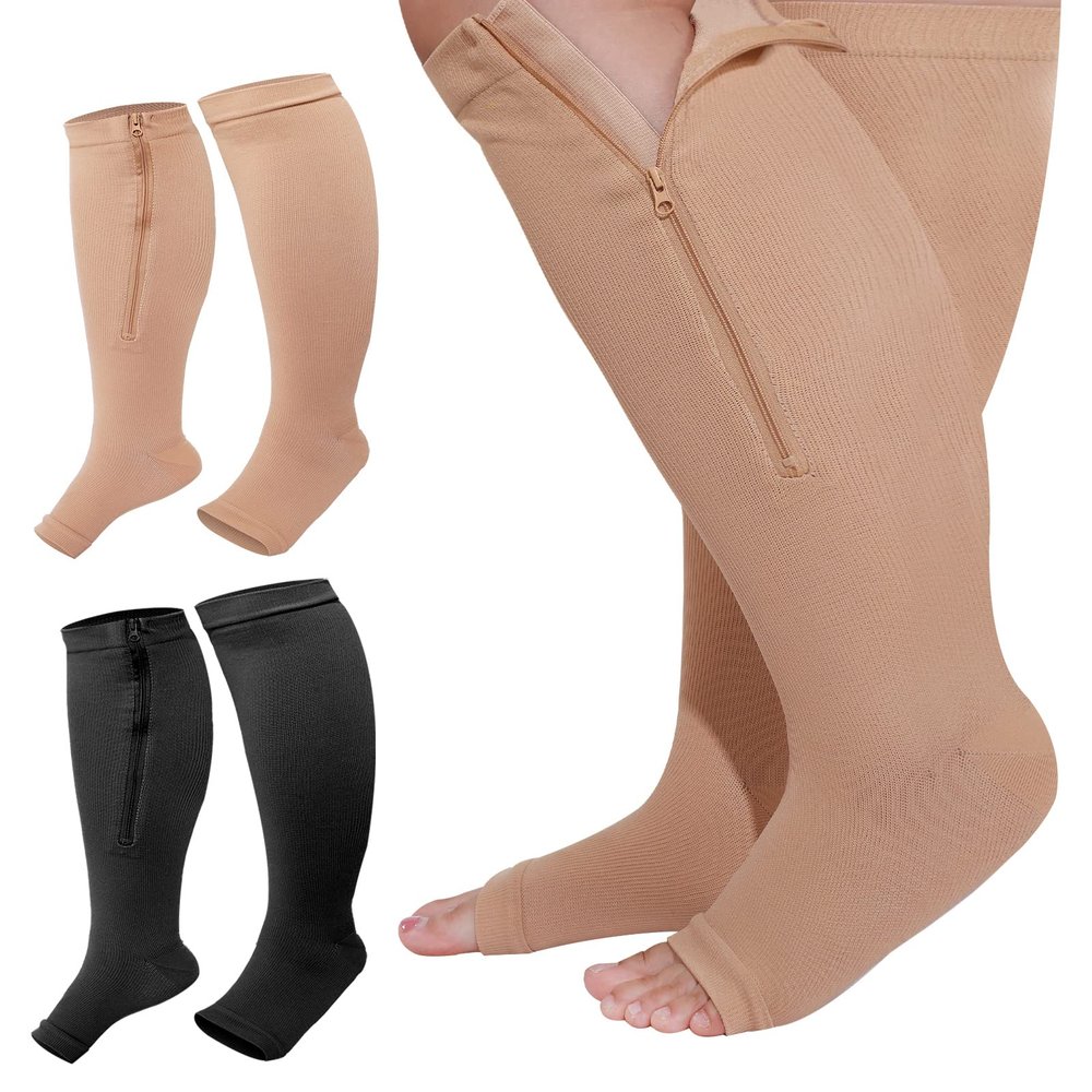 Hillban 2 Pair Plus Size Calf Zipper Compression Socks 15 to 20 Mmhg Open Toe Compression Stockings for Overweight Women Men(4 XL,Black, Nude)