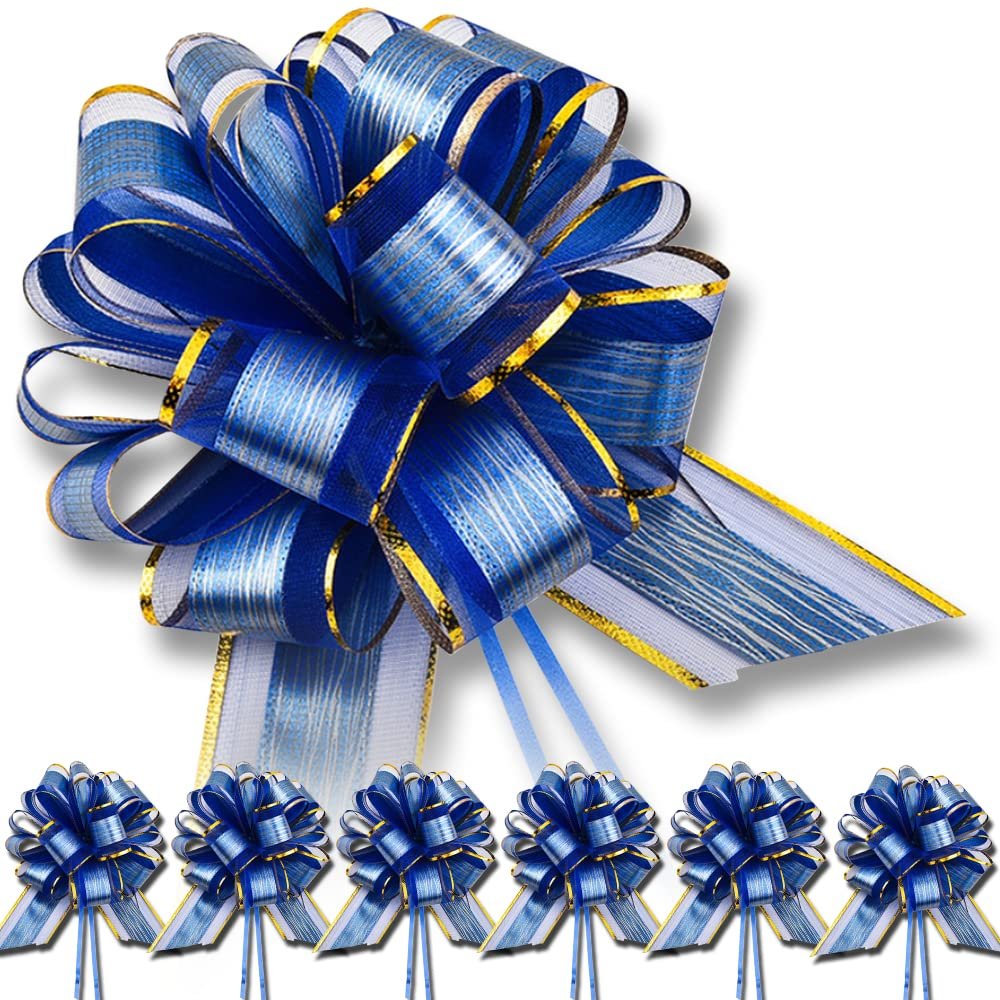 OPSFALCON 6PCS Large Blue Floral Pull Bows, Gift Wrapping Bows, Wedding, Birthday, Christmas, Valentine's Day, Silk Organza Ribbon Trim