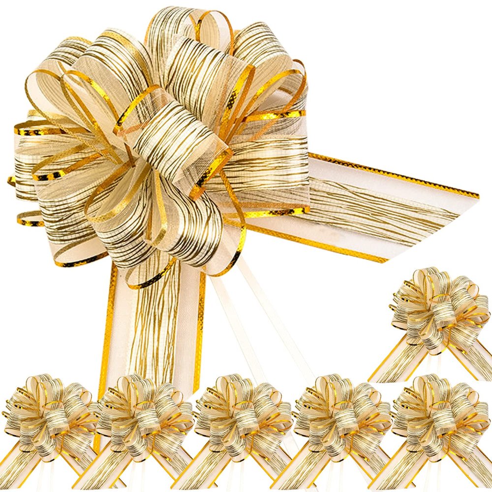 OPSFALCON 6 PCS Large Pull Bows, Gift Wrapping Bows, Gift Wrap Ribbons, White, Organza, Striped, Classic, Christmas, New Year, Birthday, Wedding, Holidays