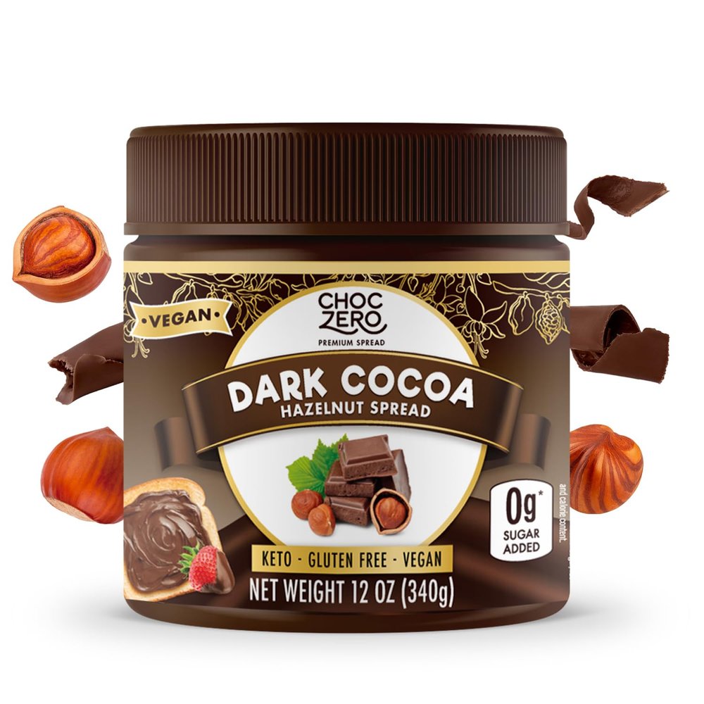 ChocZero Vegan Cocoa Hazelnut Spread  Sugar Free, Keto Friendly, Low Carb Chocolate Dessert & Bread Topping, Gluten Free, High Fiber, 12 oz Jar