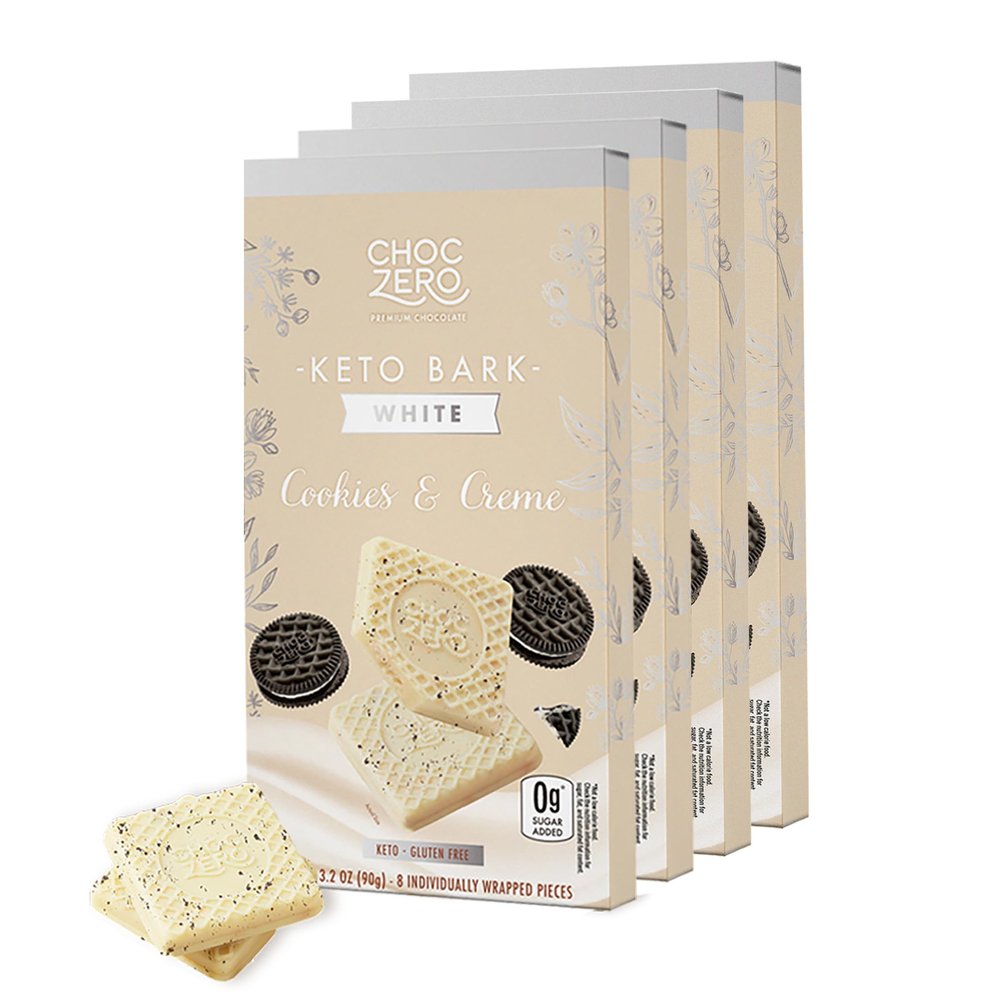 ChocZero Cookies & Cream Keto Bark  White Chocolate Candy with Cookie Pieces, Low Carb, No Added Sugar, Gluten Free, 3.2oz Bars (Pack of 4)
