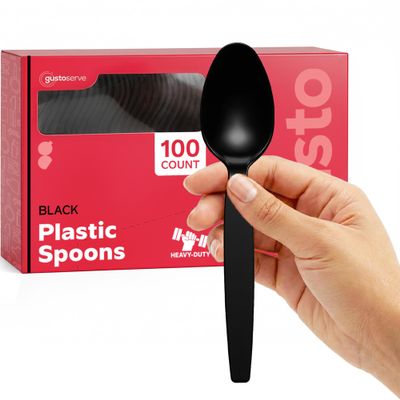Comfy Package [100 Pack] Basic Black Plastic Spoons, Heavy Duty Disposable Utensils - Perfect for Parties, Events, and Dinner