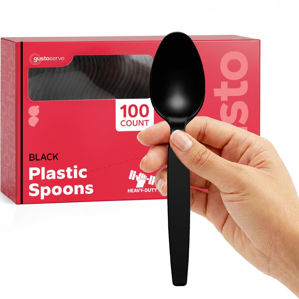 Comfy Package [100 Pack] Basic Black Plastic Spoons, Heavy Duty Disposable Utensils - Perfect for Parties, Events, and Dinner