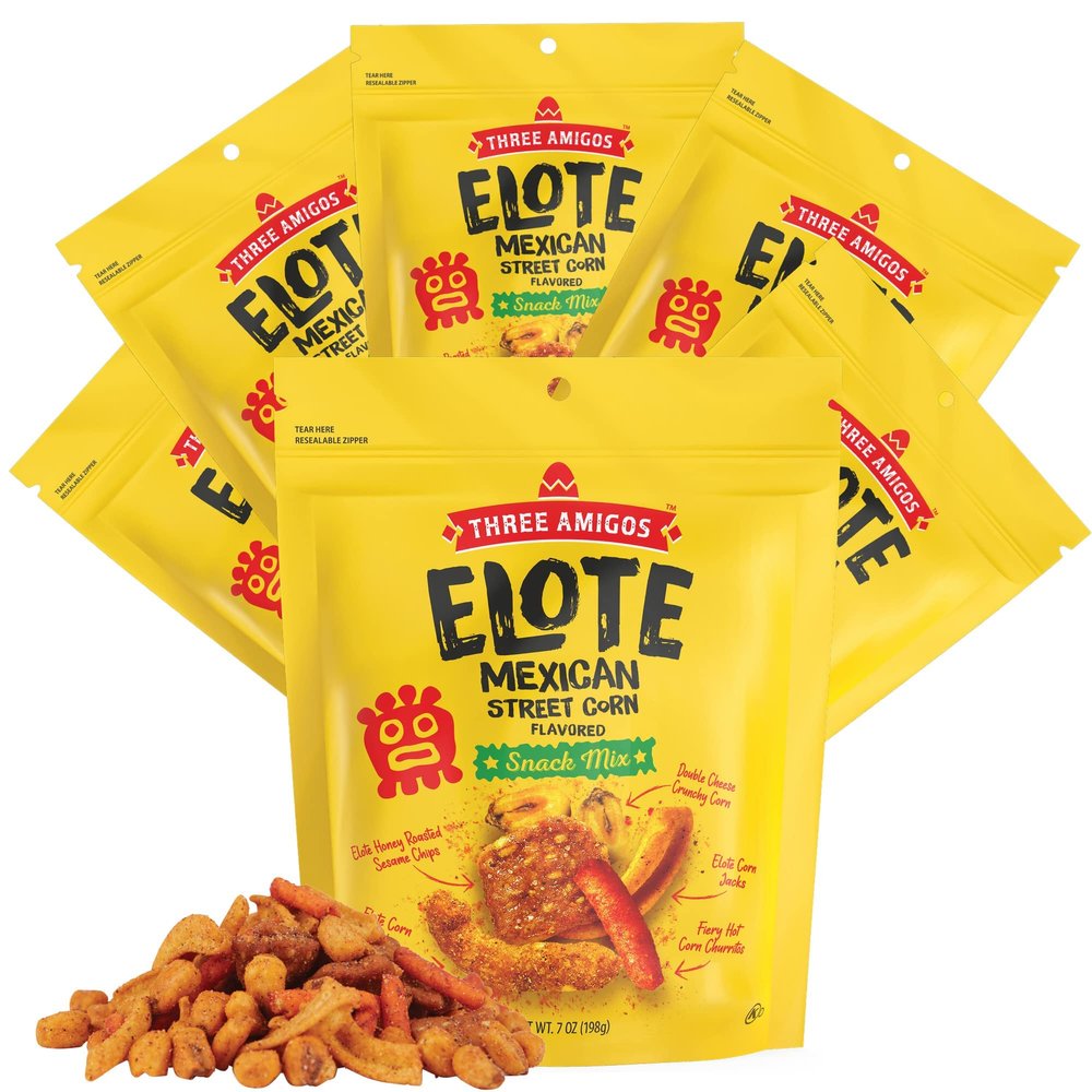 Three Amigos - Elote Mexican Street Corn Snack Mix- Deliciously Crunchy, Tangy, Hot, Sweet & Spicy Snacks - Gourmet Roasted Variety Food Snacks for Adults and Kids (ELOTO MIX 7 oz. 6 Pack)