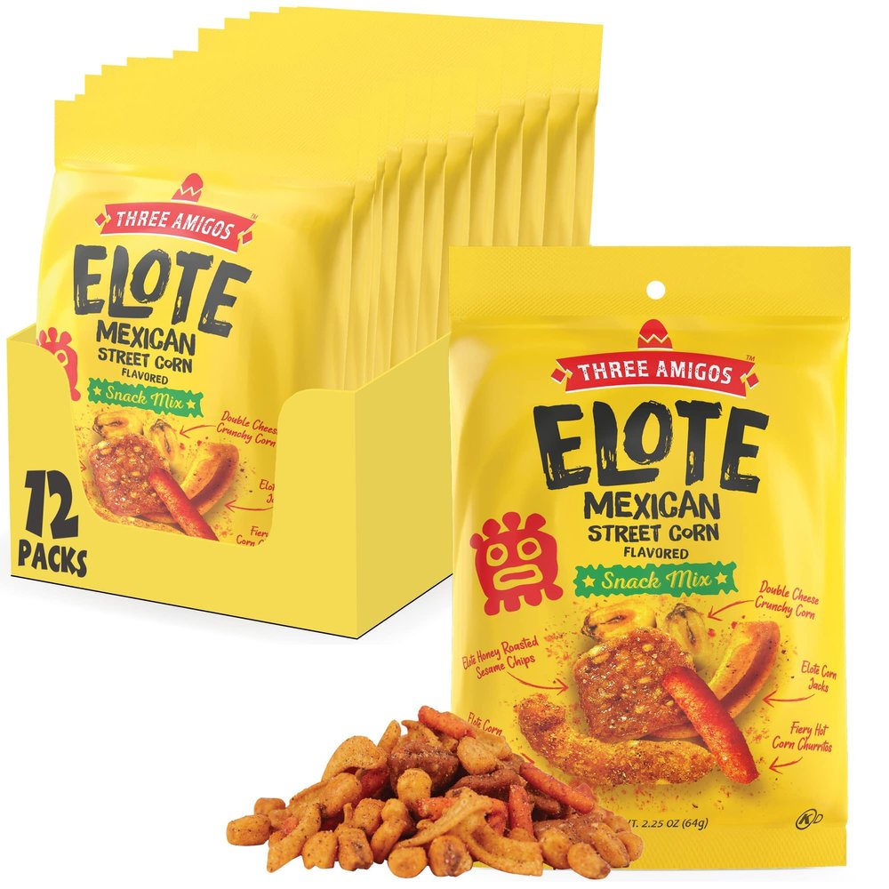 Three Amigos - Elote Mexican Street Corn Snack Mix- Deliciously Crunchy, Tangy, Hot, Sweet & Spicy Snacks - Gourmet Roasted Variety Food Snacks for Adults and Kids (ELOTE MIX 2.25 oz.12 Pack)