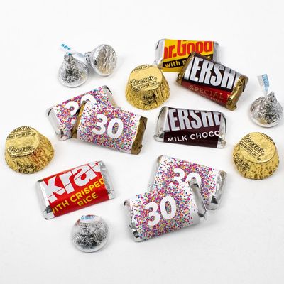 200pcs Personalized Birthday Candy Kit, Party Favors for Guests, Candy Buffet Supplies (Custom Wrapped Miniatures, Kisses, Peanut Butter Cups) - All Ages - Confetti
