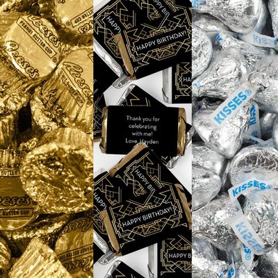 200pcs Personalized Gatsby Birthday Candy Kit, Chocolate Party Favors for Guests, Candy Buffet Supplies (Custom Wrapped Miniatures, Kisses, Peanut Butter Cups)
