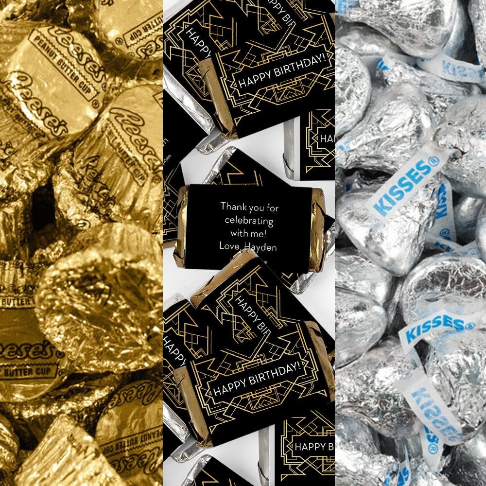 200pcs Personalized Gatsby Birthday Candy Kit, Chocolate Party Favors for Guests, Candy Buffet Supplies (Custom Wrapped Miniatures, Kisses, Peanut Butter Cups)