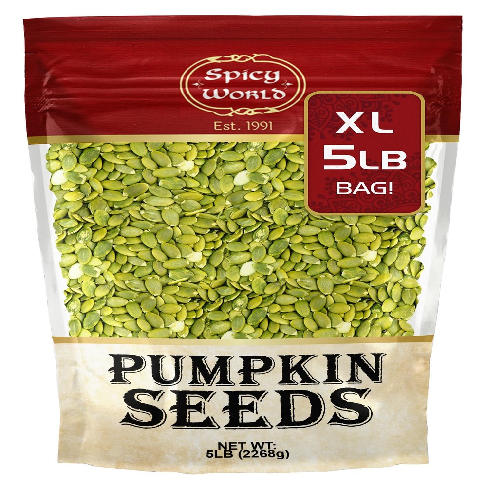 Raw Pumpkin Seeds 5 LB Jumbo Bag - Shelled, AAA Grade, Unsalted, Dry, Vegan, Bulk Bag by Spicy World