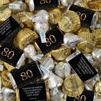 192pcs Personalized 80th Birthday Candy Kit, Chocolate Party Favors for Guests, Candy Buffet Supplies (Custom Wrapped Miniatures, Kisses, Peanut Butter Cups)