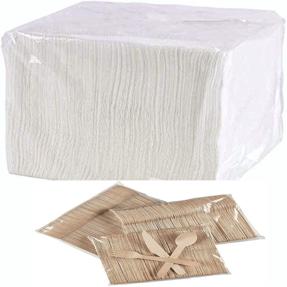 Lunch Napkin Party Kit. Includes 500 Lunch Napkin 1 Ply. 300 Count Wooden Utensils. 100 Forks, 100 Spoons, 100 Knifes. Wooden Cutlery