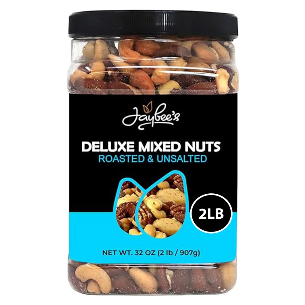 Jaybees Unsalted Mixed Nuts | 32 oz | Gourmet Roasted Deluxe Nut Mix with Cashews, Almonds, Pecans, Hazelnuts, Brazil Nuts (No Peanuts) | Keto, Vegan Friendly, Kosher, Healthy Snacks