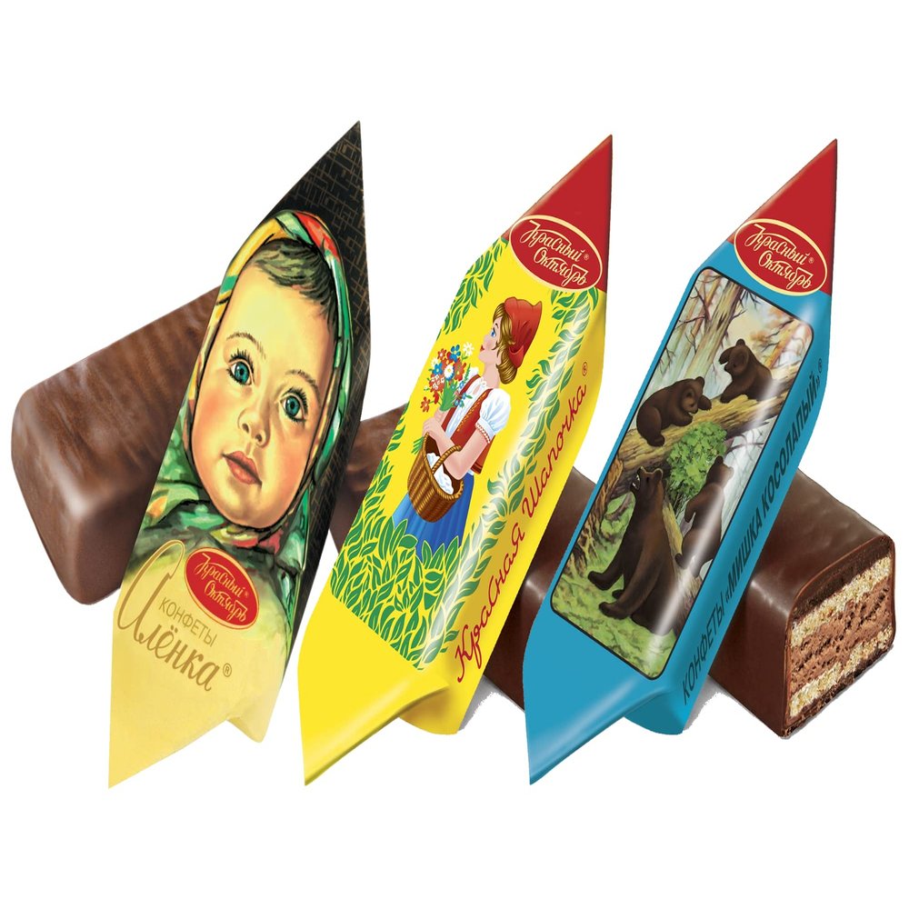 Chocolate Candies Mix Mishka Kosolapy (Toed Clumsy Bear), Little Red Riding Hood (Krasnaya Shapochka), Alionka (Alenka, Alyonka) 500g/17.63oz Nutty Paste with Wafers and Chocolate Glaze in Individual Wraps Gourmet Imported Russian Candy Sweets Bars U