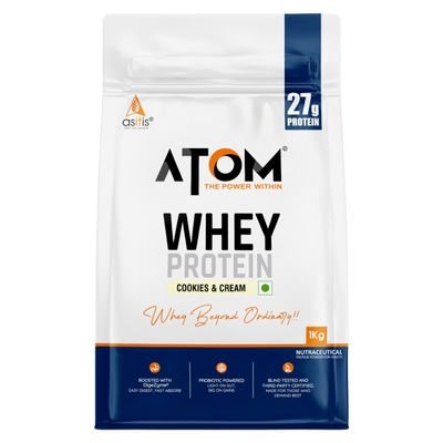 AS-IT-IS Atom Whey Protein 1kg/35.2 Oz With Digestive Enzymes | Usa Labdoor Certified for Accuracy & Purity | Cookies and Cream Flavor | 27g Protein | 5.7g Bcaa