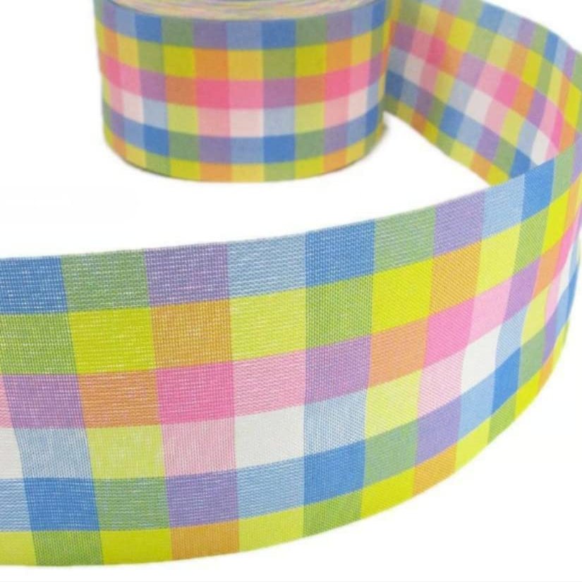 1 Pcs 2 7/8"W Plaid Gingham Sealed Edge Ribbon Baby Pink Blue Yellow 5 Yards, Ribbon for Gift Wrapping | #AA120RK