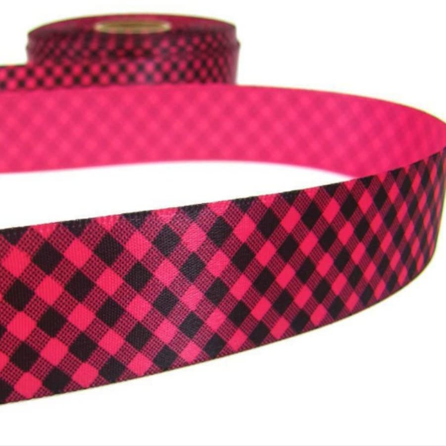 1 Pcs 7/8"W Diagonal Gingham Satin Ribbon Pink Black 5 Yards, Ribbon for Gift Wrapping | #AA120RK