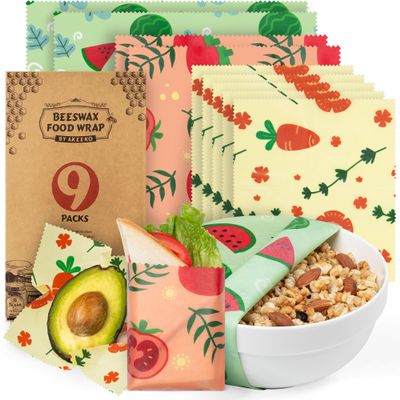 Akeeko Reusable Beeswax Food Wraps - Assorted 9 Packs, Reusable, Plastic-Free Food Storage, 5 Small, 2 Medium, 1 Large, 1 Extra Large Wraps with Cute Fruits Pattern