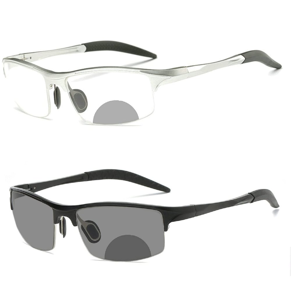 2pcs Transition Photochromic Bifocal Reading Glasses for Men Women Square Sports Aluminum magnesium Sunglasses Readers (2pcs-black&silver, 2.0, multiplier_x)