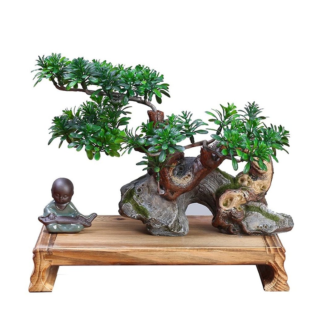 Artificial Bonsai Plant Artificial Podocarpus Bonsai Ceramic Monk Realistic Green Leaves Chinese Creative Bonsai Decorative Ornaments for Living Room and Office Artificial Bonsai Tree