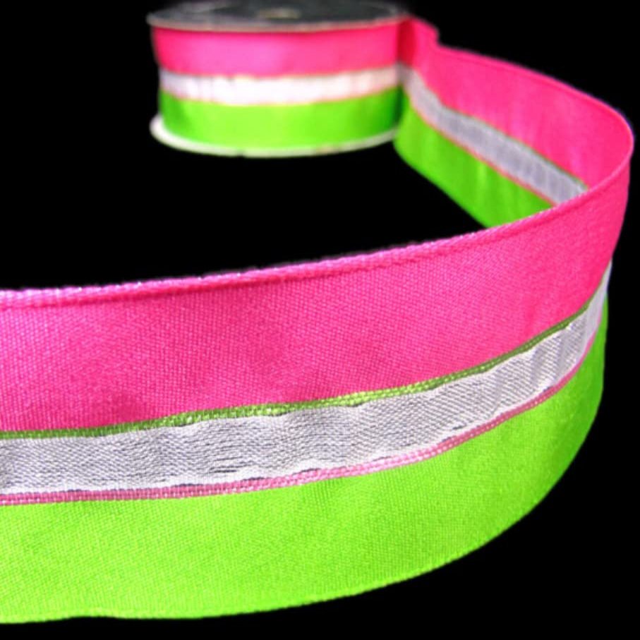1 Pcs 1 1/2"W Party Striped Ribbon Green Pink 5 Yards, Ribbon for Gift Wrapping | #AA120RK