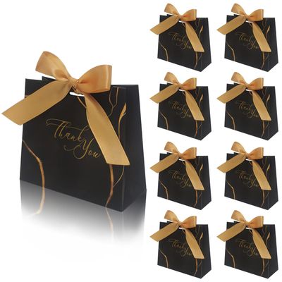 DECHISY 30Pack Small Thank You Gift Bags,Marble Pattern Party Favor Bags with Gold Bow Ribbon,4.5x1.8x3.Inches,Paper Bags for Birthday Wedding Bridesmaid Holiday Valentines Day (Black)