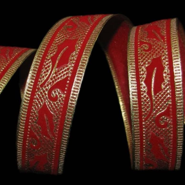1 Pcs 7/8"W Velvet Leaf Wired Ribbon Gold Red 9 Yards, Ribbon for Gift Wrapping | #AA120RK