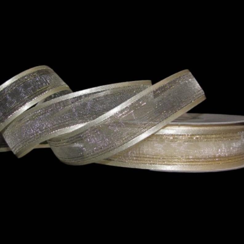 1 Pcs 7/8"W Striped Ribbon Ivory Satin Sheer Metallic Gold 5 Yards, Ribbon for Gift Wrapping | #AA120RK