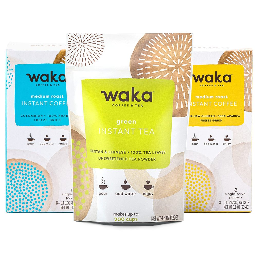 Waka  Instant Coffee and Tea Bundle  Unsweetened Green Tea  Single-Serve Colombian and Papua New Guinean Boxes