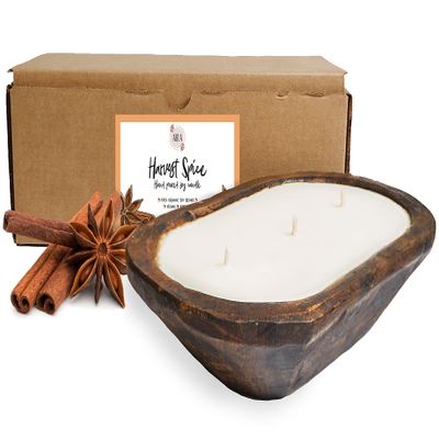 Aira Fall Dough Bowl Candle - Organic, Kosher, Vegan, Hand Carved Wood Bowl Candle & Aromatherapy Essential Oils - Hand-Poured 100% Soy Candle Wax - Paraffin Free, Long Lasting - Harvest Spice - 13 Oz