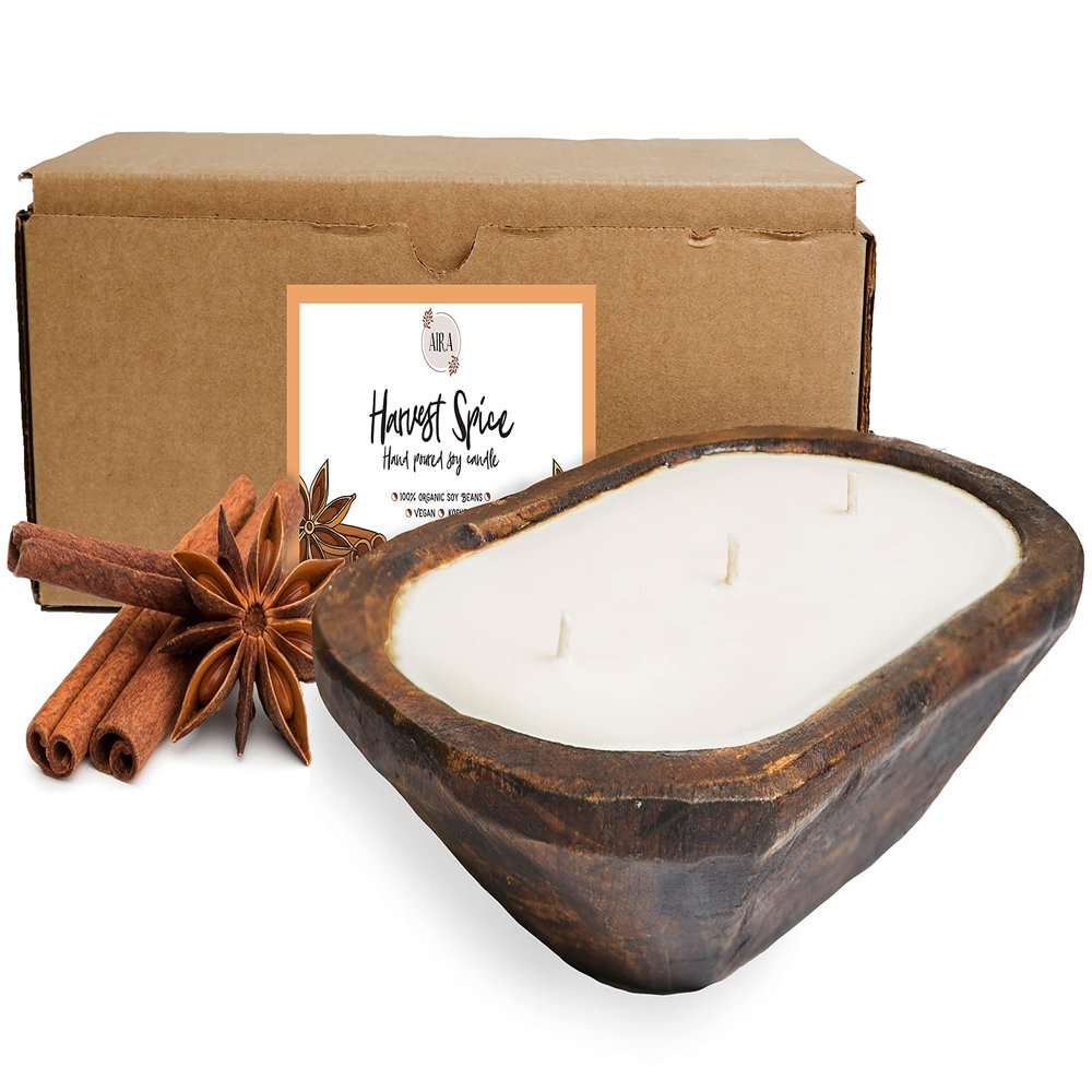 Aira Fall Dough Bowl Candle - Organic, Kosher, Vegan, Hand Carved Wood Bowl Candle & Aromatherapy Essential Oils - Hand-Poured 100% Soy Candle Wax - Paraffin Free, Long Lasting - Harvest Spice - 13 Oz