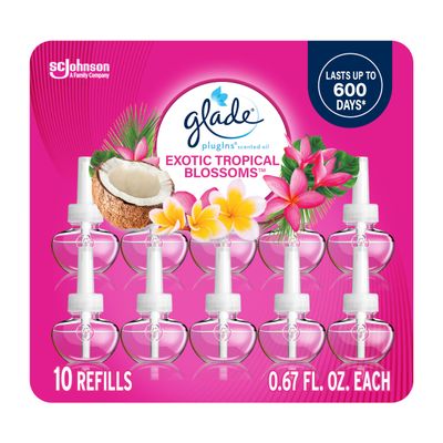 Glade PlugIns Refills Air Freshener, Scented and Essential Oils for Home and Bathroom, Exotic Tropical Blossoms, 6.7 Fl Oz, 10 Count