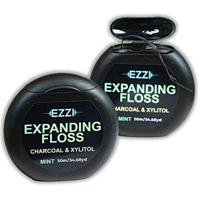 EZZI Woven Expanding Dental Floss | Fluffy & Textured w/Charcoal & Xylitol to Optimally Clean Gums | Mint | Thick & 109 Yards