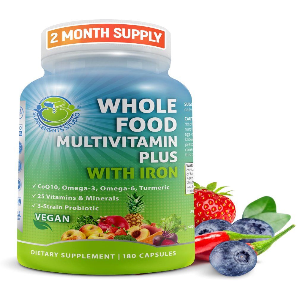 Vegan Whole Food Daily Multivitamin with Iron, Methylated Multivitamin for Women and Men, Made with Fruits & Vegetables, B-Complex, Probiotics, Enzymes, CoQ10, Omegas, Turmeric, Non-GMO, 180 Count