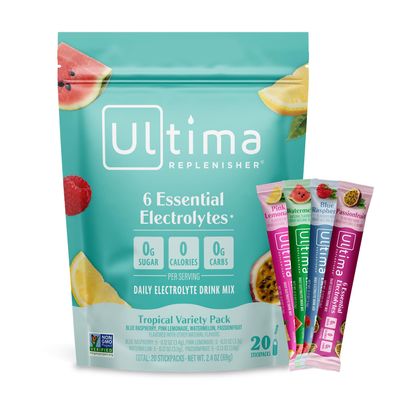 Ultima Replenisher Daily Electrolyte Powder  Tropical Variety Pack, 20 Stickpacks  Zero Sugar Hydration Packets with 6 Electrolytes and Minerals  Sugar Free, Plant Based & Keto Friendly Drink Mix