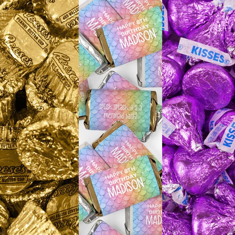 200pcs Personalized Mermaid Birthday Party Favors Chocolate Candy Kit, Candy Buffet Supplies (Custom Wrapped Miniatures, Kisses, Peanut Butter Cups) - Purple