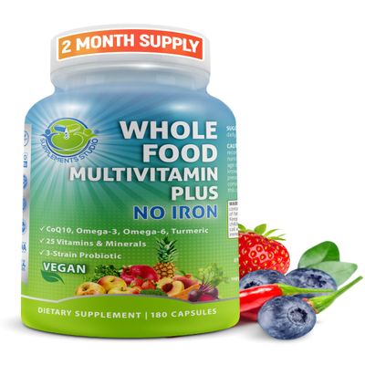 Vegan Whole Food Daily Multivitamin Without Iron, Methylated Multivitamin for Women and Men, Made with Fruits & Vegetables, B-Complex, Probiotics, Enzymes, CoQ10, Omegas, Turmeric, Non-GMO, 180 Count