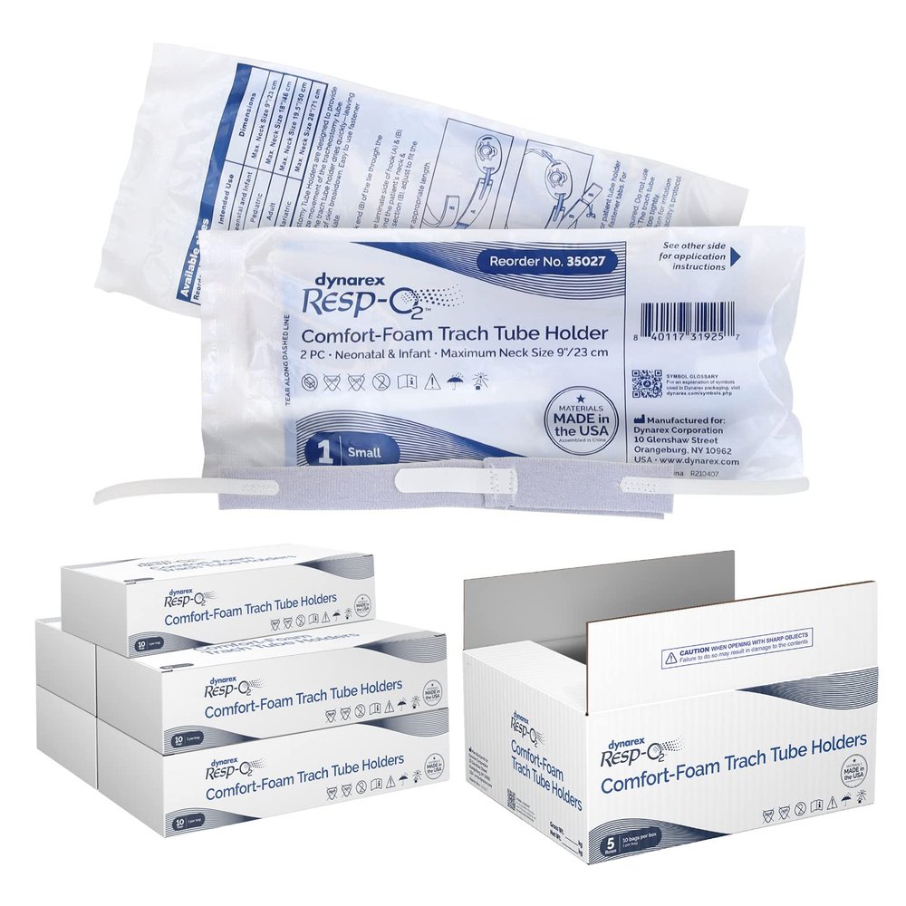Dynarex Comfort-Foam Tracheostomy Tube Holder - with Soft Foam Tube Padding, Secure Hook & Loop Closure - 2 Piece, Small, Case of 50