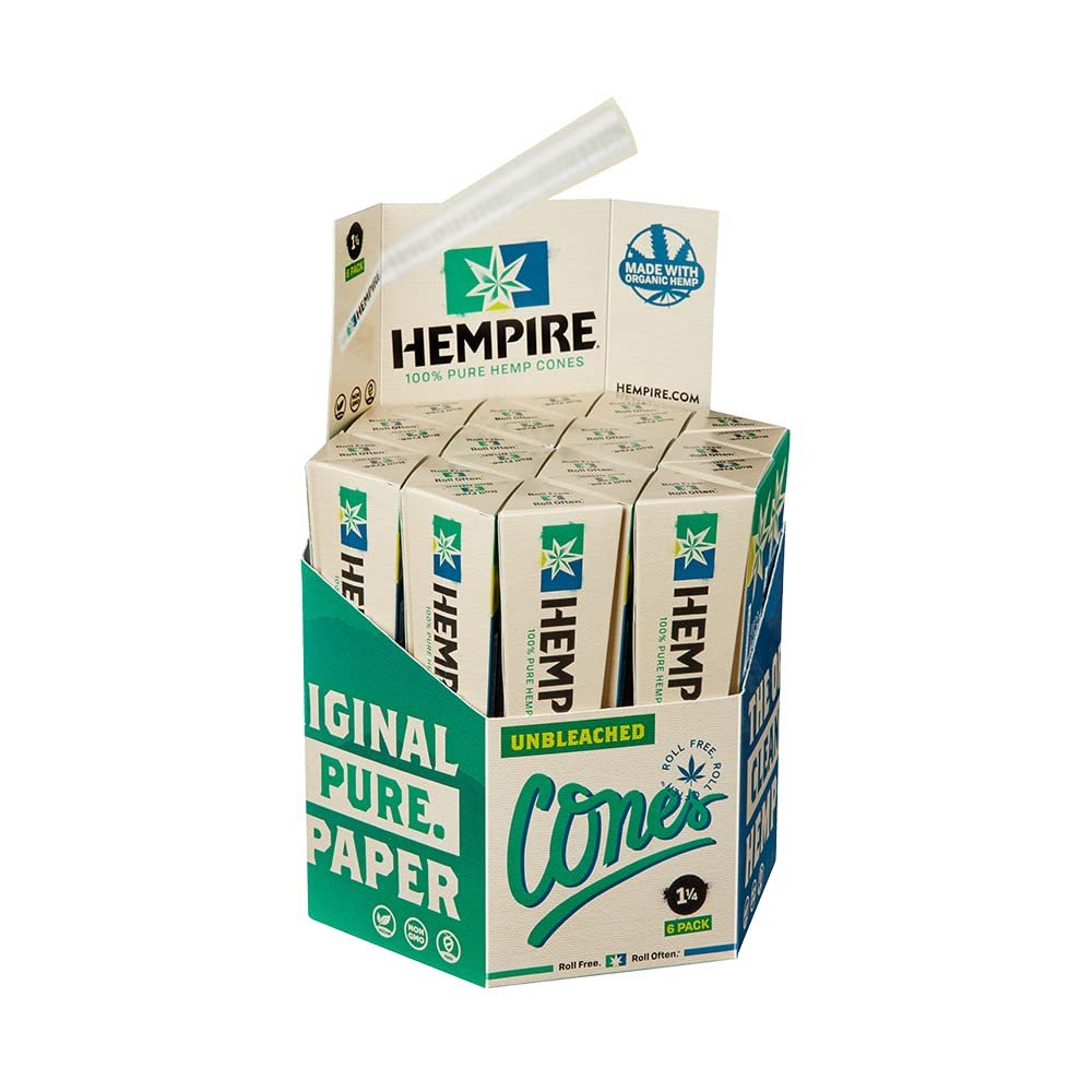 HEMPIRE Cones 1 1/4" |144 Pack |Natural Pre Rolled Paper with Tips and Packing Sticks Included - Packaged in Convenient 6 packs (1 1/4-144 Count)
