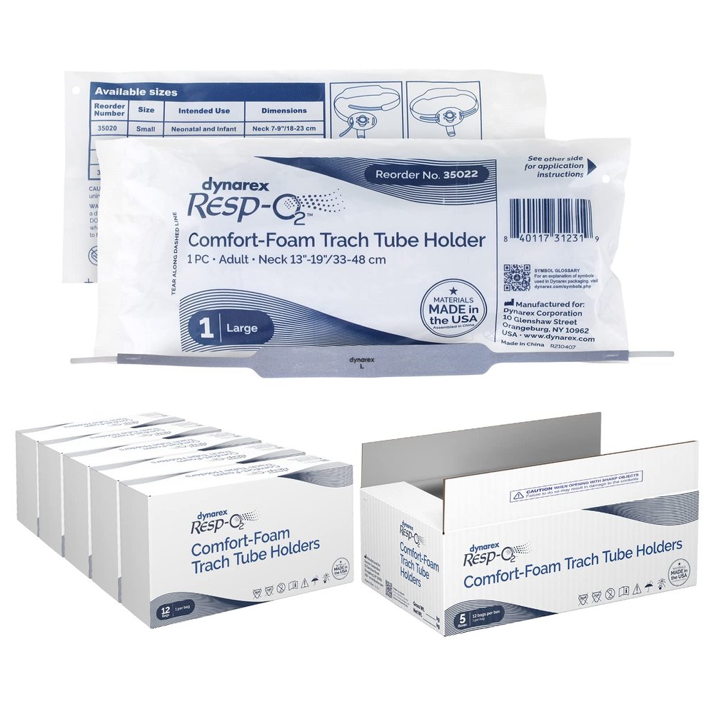 Dynarex Comfort-Foam Tracheostomy Tube Holder - with Soft Foam Tube Padding, Secure Hook & Loop Closure - Case of 60 (Large, Standard)