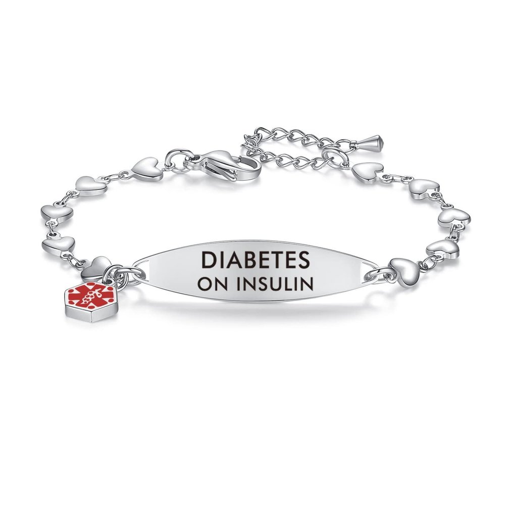 mnmoom Medical Alert Bracelets for Women Stainless steel Heart Medical ID bracelets with Free Engraving (Eye-Steel/diabetes on insulin)