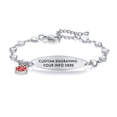 mnmoom Medical Alert Bracelets for Women Stainless steel Heart Medical ID bracelets with Free Engraving (Eye-Steel/customize)